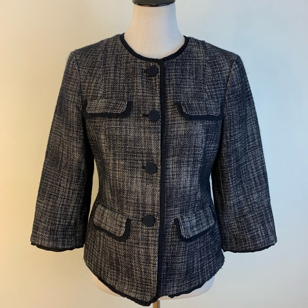 Talbots Tweed Wool Blend Jacket Black 3/4 Sleeve